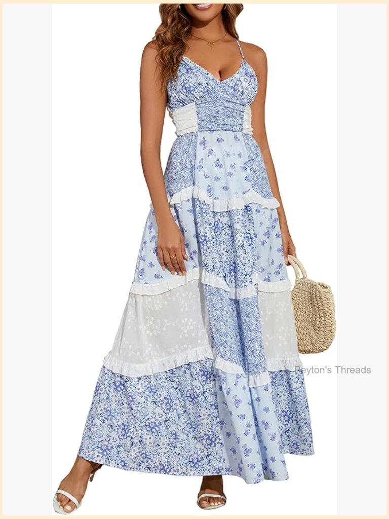 Floral Maxi Dress Spaghetti Straps V Neck Lace Patchwork Flowy Tiered Boho Beach
